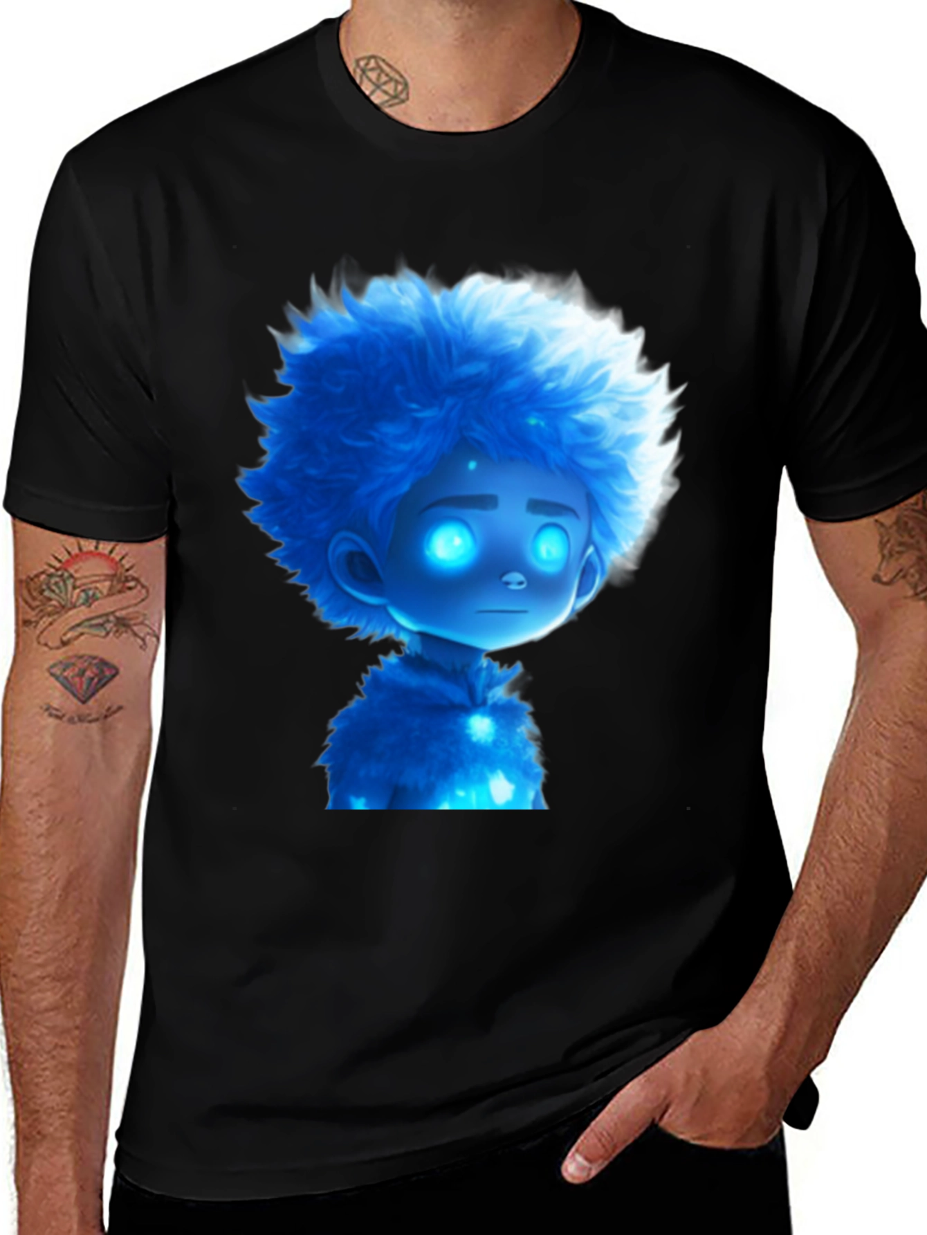 Blue Cartoon Character Black T-Shirt