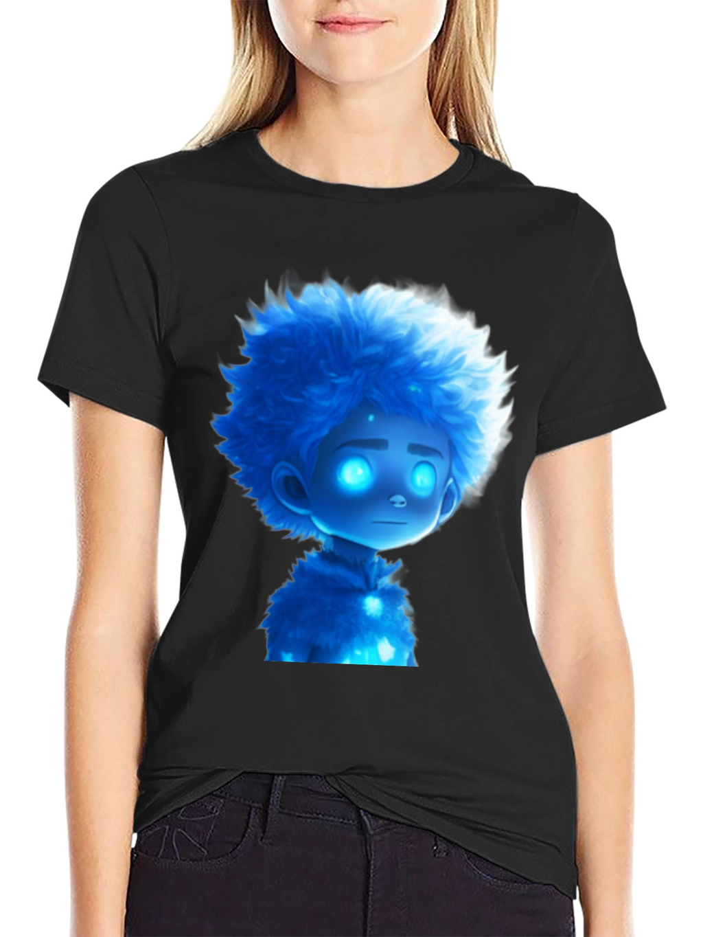 Blue Cartoon Character Black T-Shirt