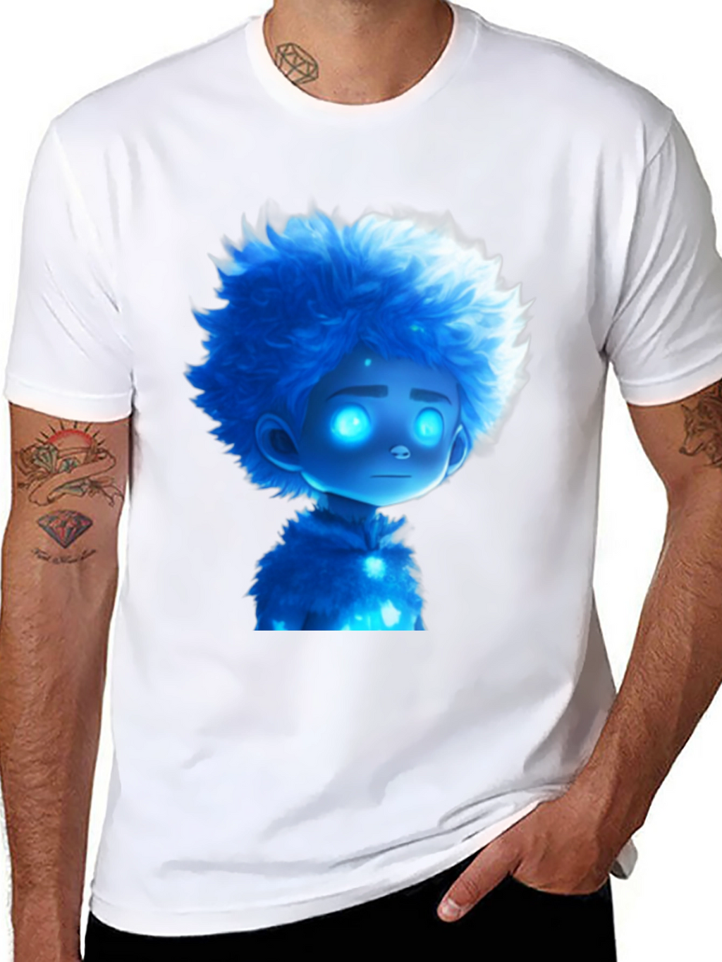 Blue Cartoon Character Black T-Shirt