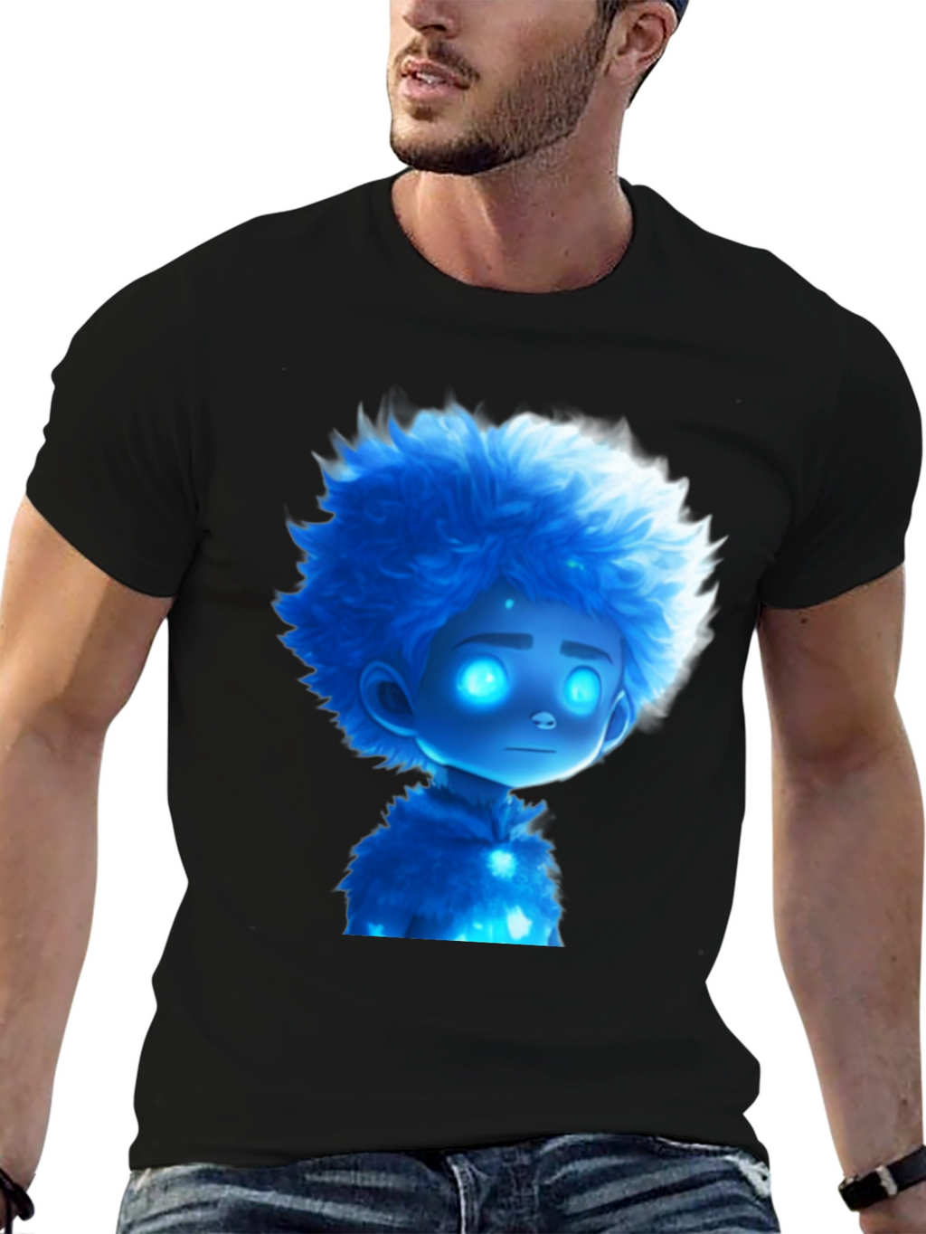 Blue Cartoon Character Black T-Shirt