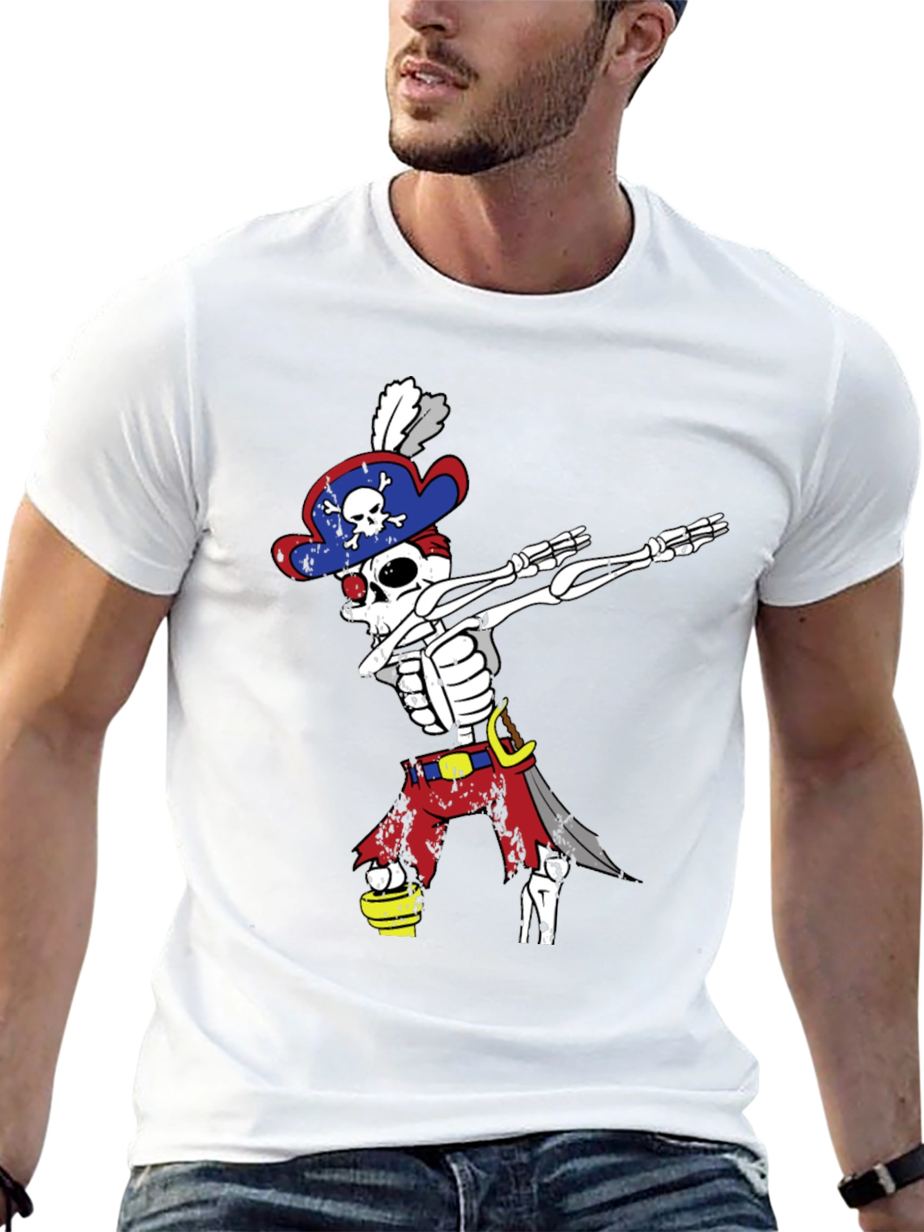 Pirate Skeleton Dabbing T-Shirt - Mens Black Crew Neck
