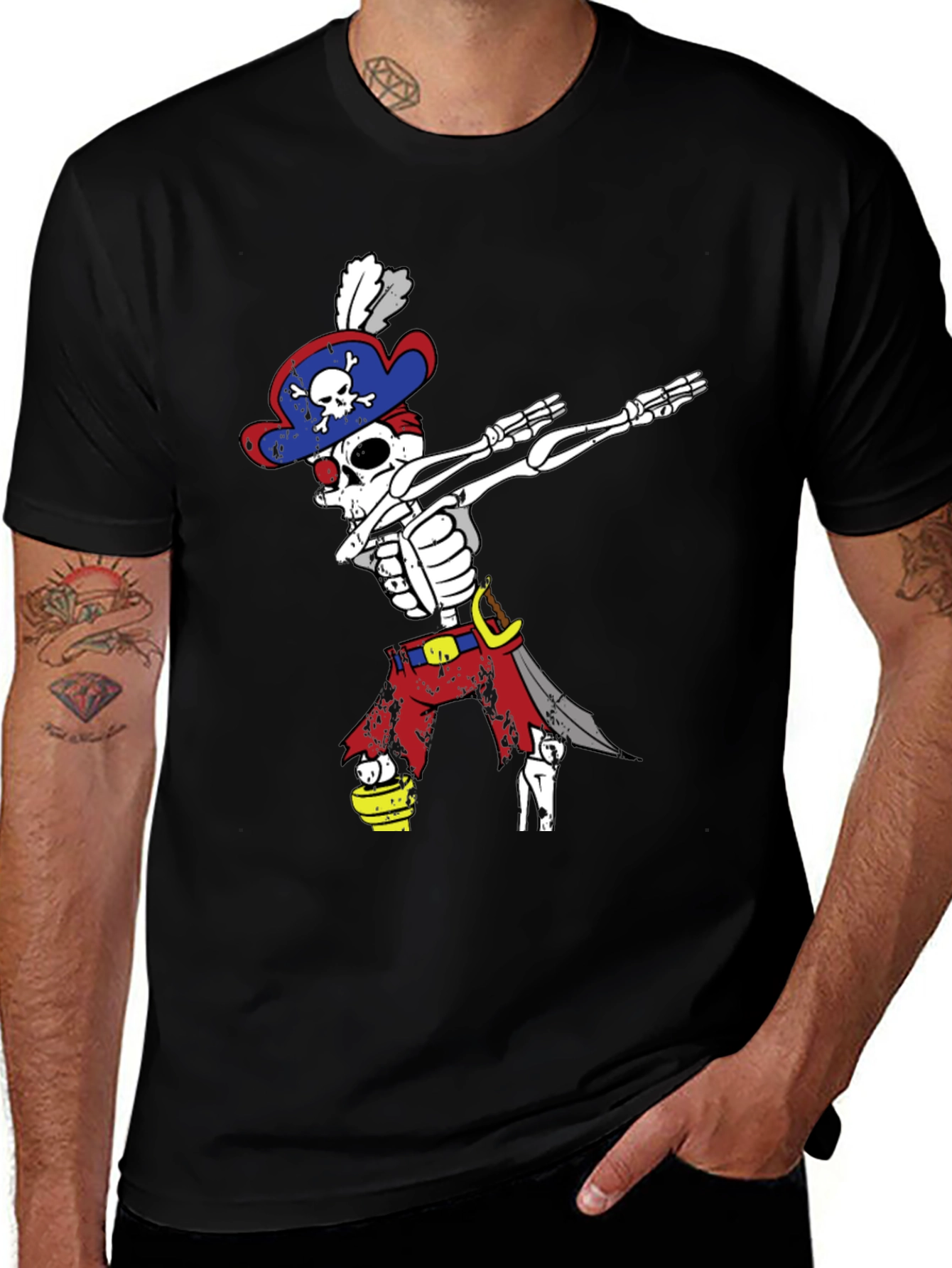 Pirate Skeleton Dabbing T-Shirt - Mens Black Crew Neck