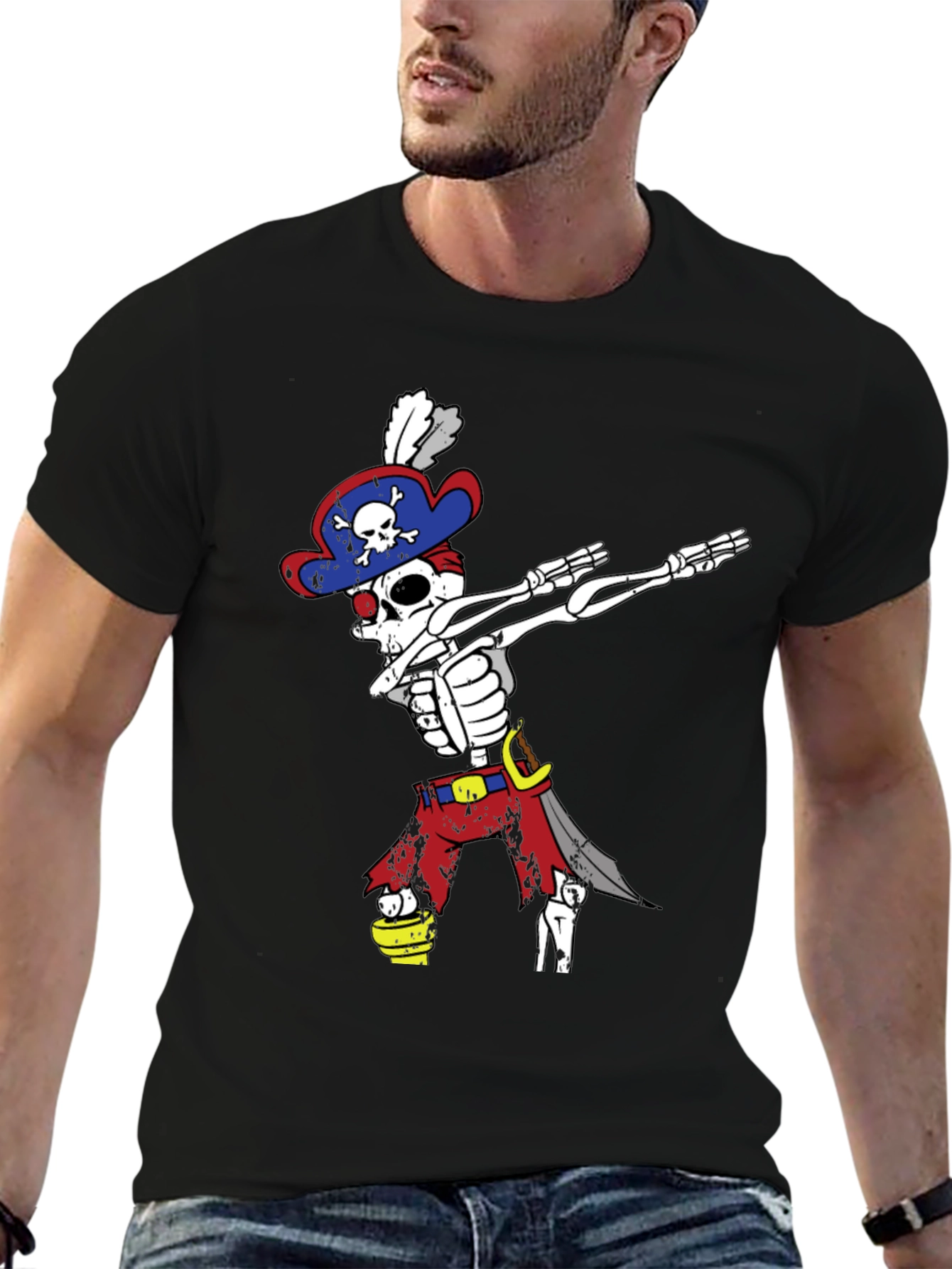 Pirate Skeleton Dabbing T-Shirt - Mens Black Crew Neck