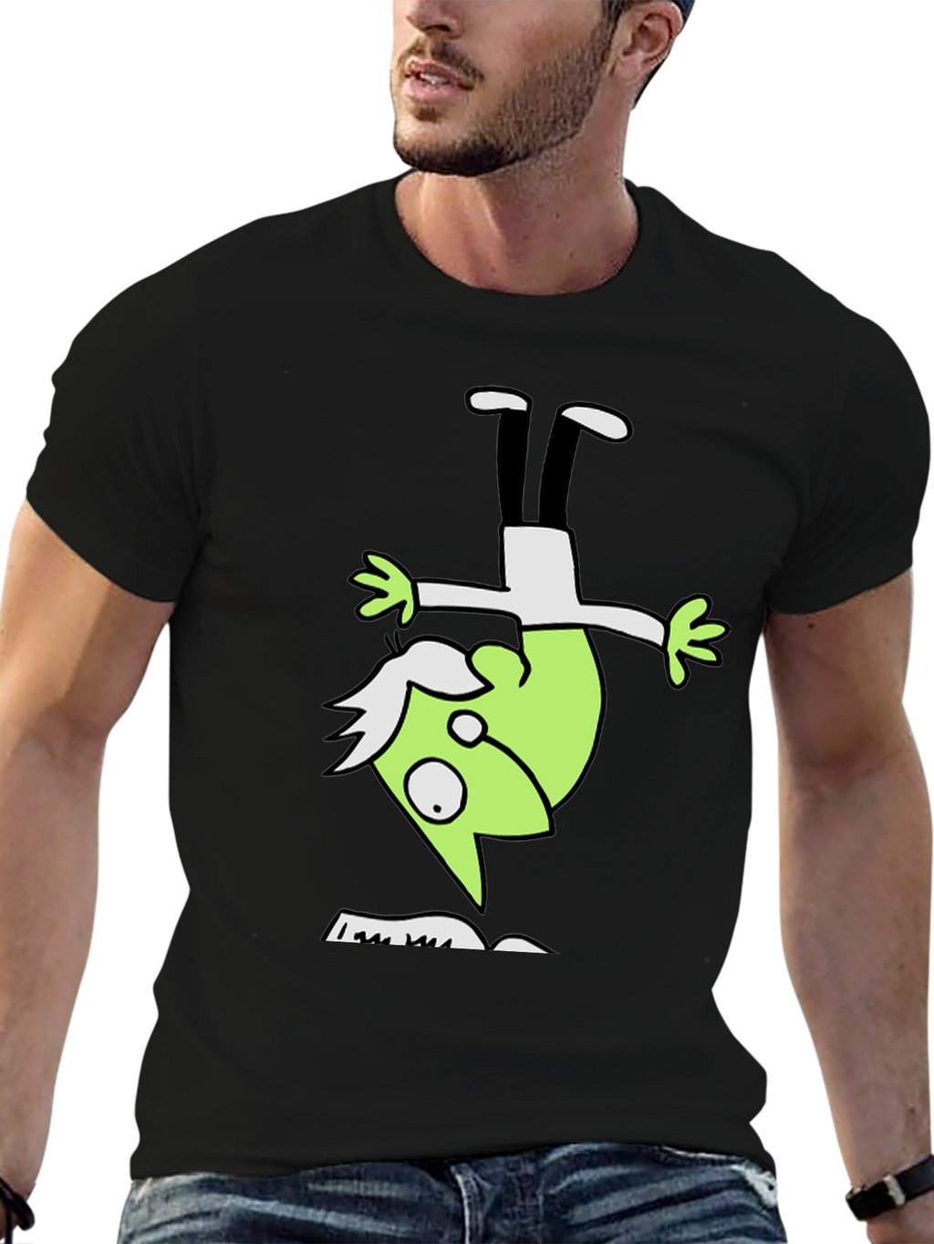 Upside Down Green Character Black T-Shirt
