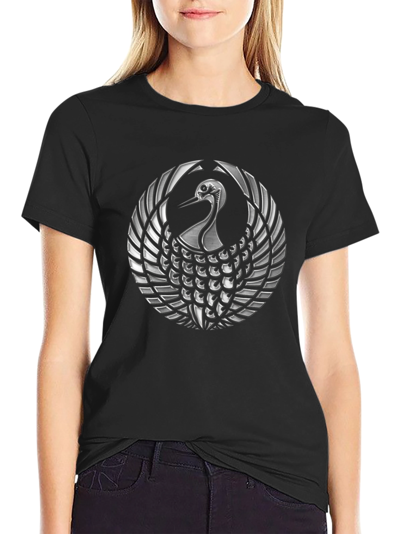 Black T-Shirt with Silver Crane Design