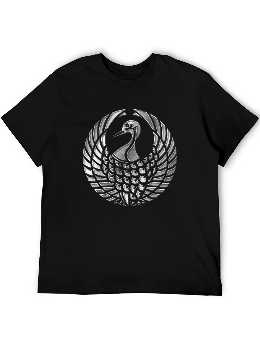 Black T-Shirt with Silver Crane Design