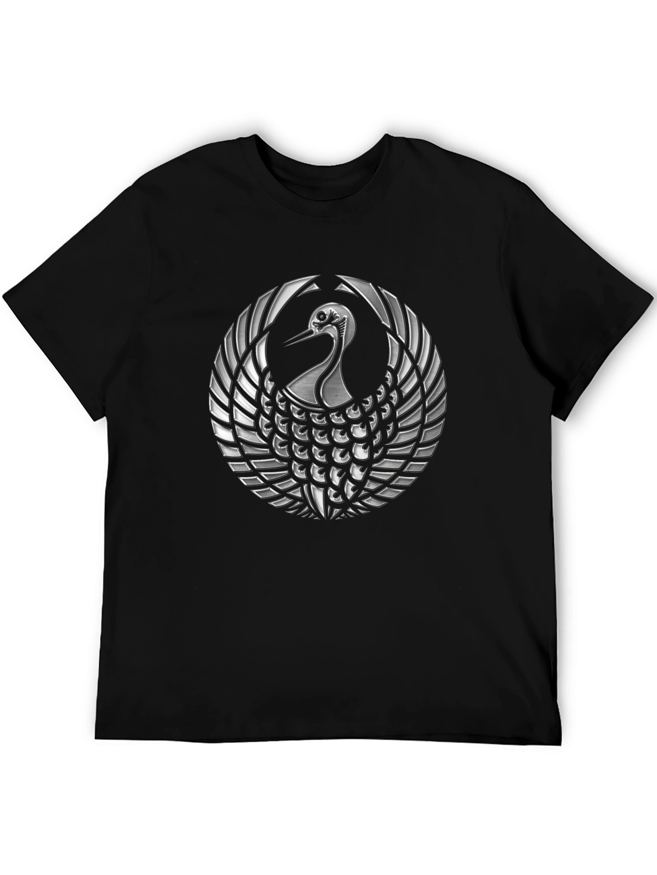 Black T-Shirt with Silver Crane Design