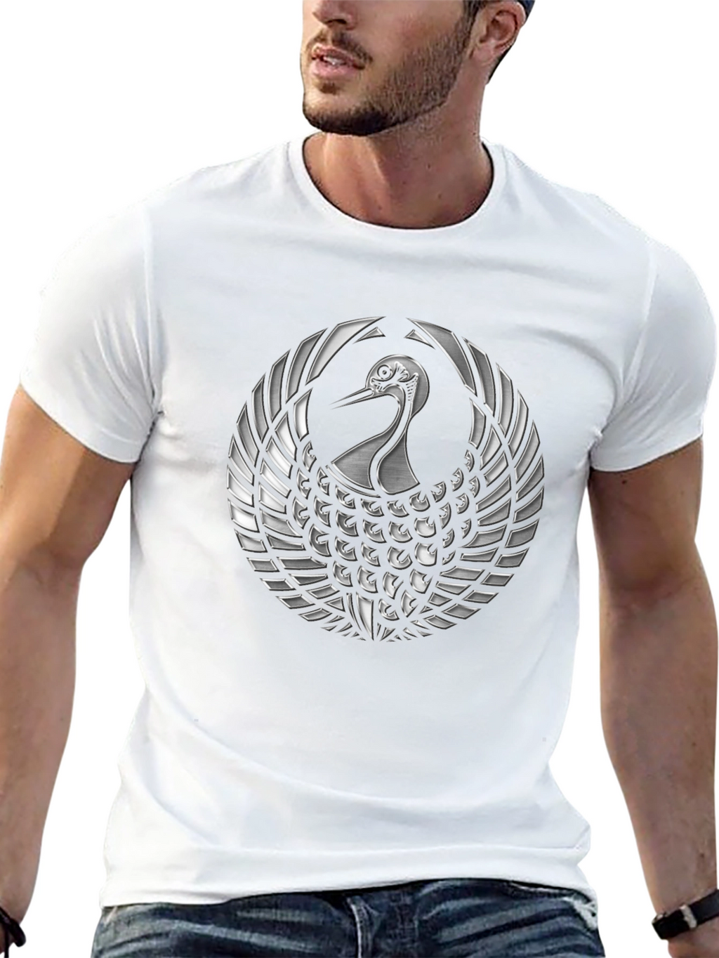 Black T-Shirt with Silver Crane Design