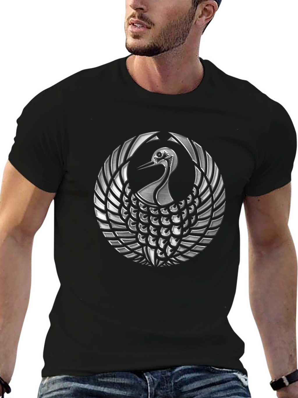 Black T-Shirt with Silver Crane Design
