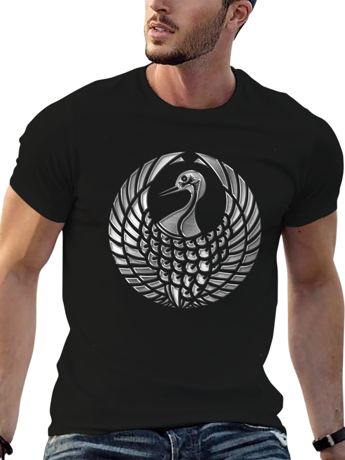 Black T-Shirt with Silver Crane Design