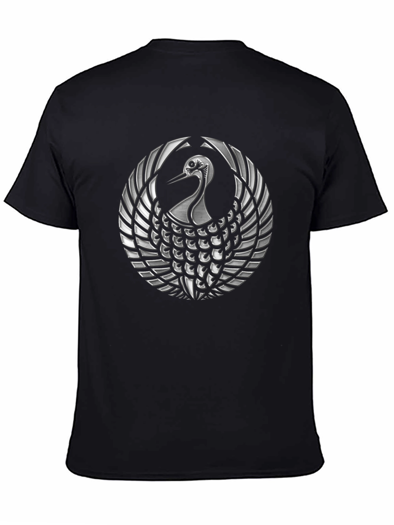 Black T-Shirt with Silver Crane Design