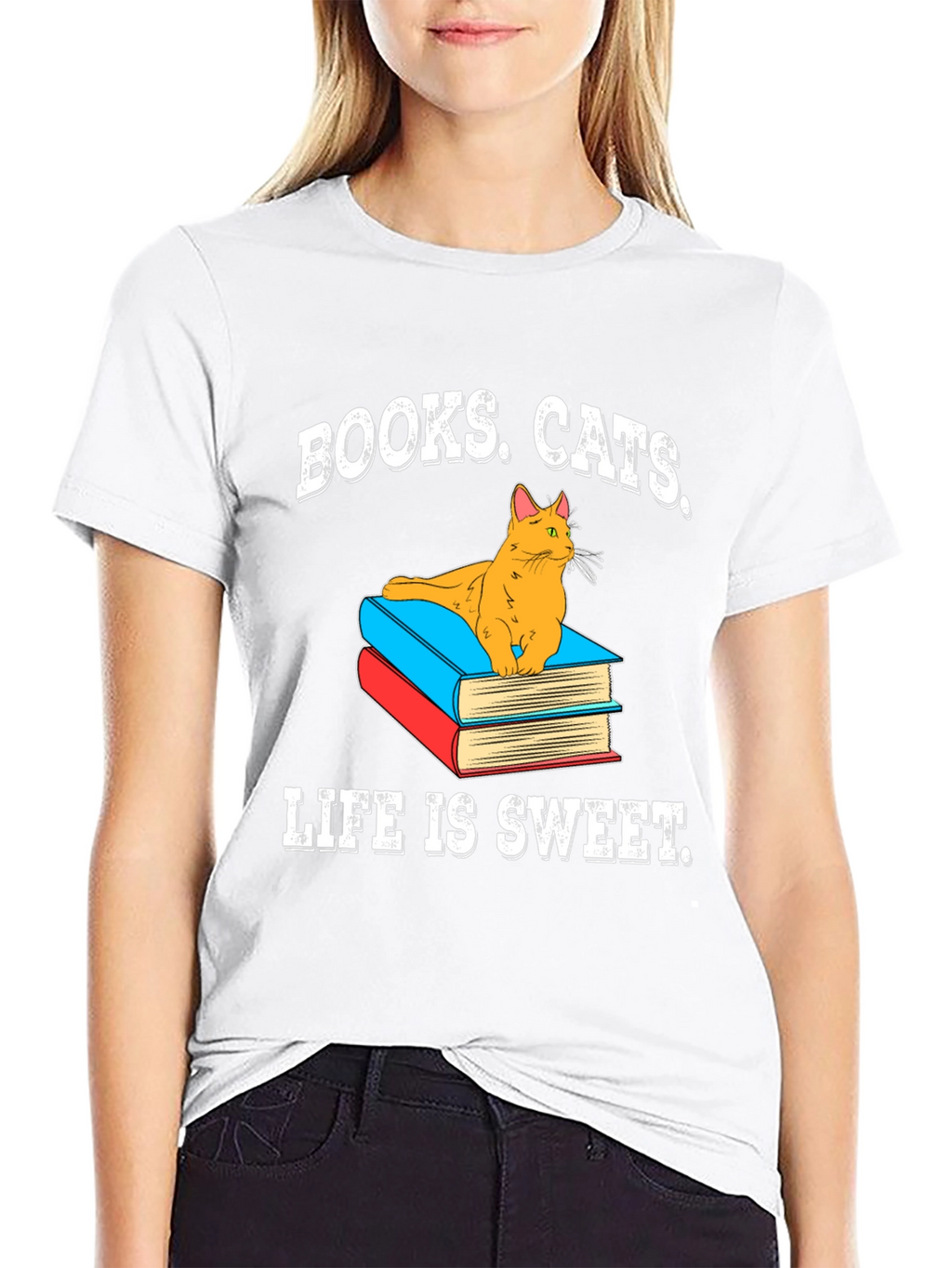 Books Cats Life is Sweet Black T-Shirt