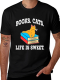 Books Cats Life is Sweet Black T-Shirt