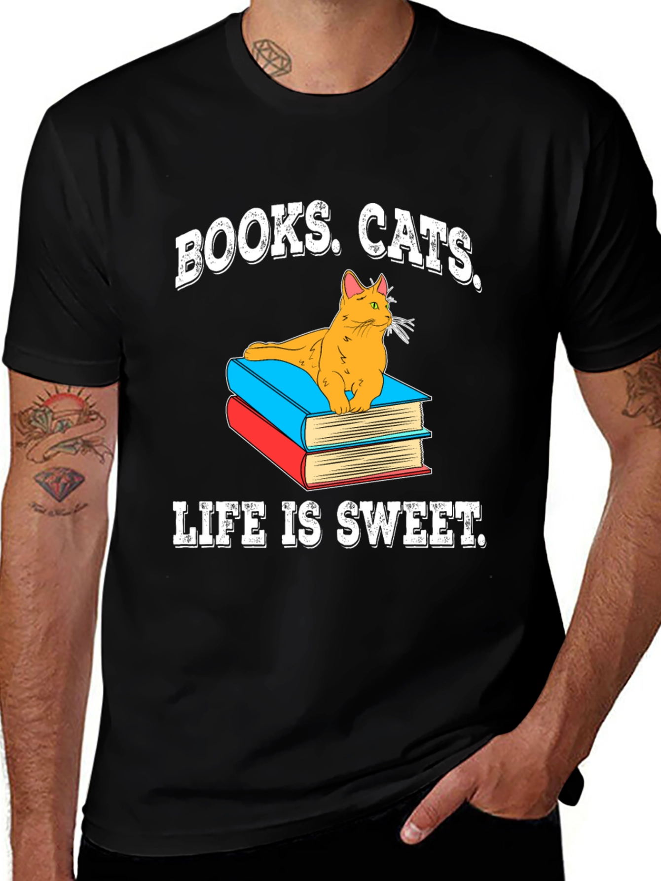 Books Cats Life is Sweet Black T-Shirt