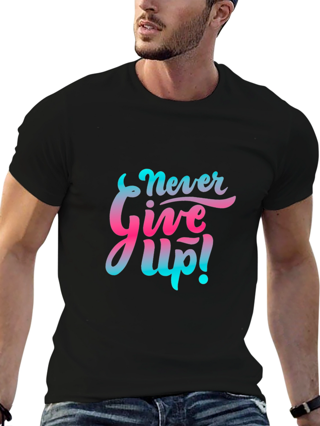 Motivational Never Give Up! Graphic Tee - Black