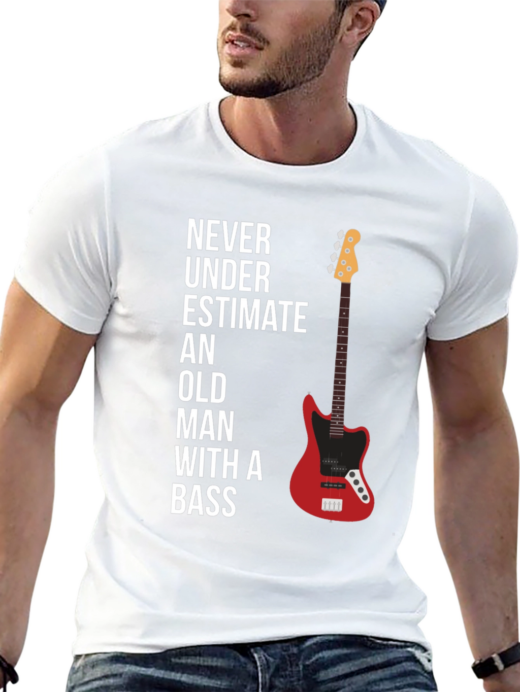 Never Underestimate Old Man With A Bass Graphic Tee