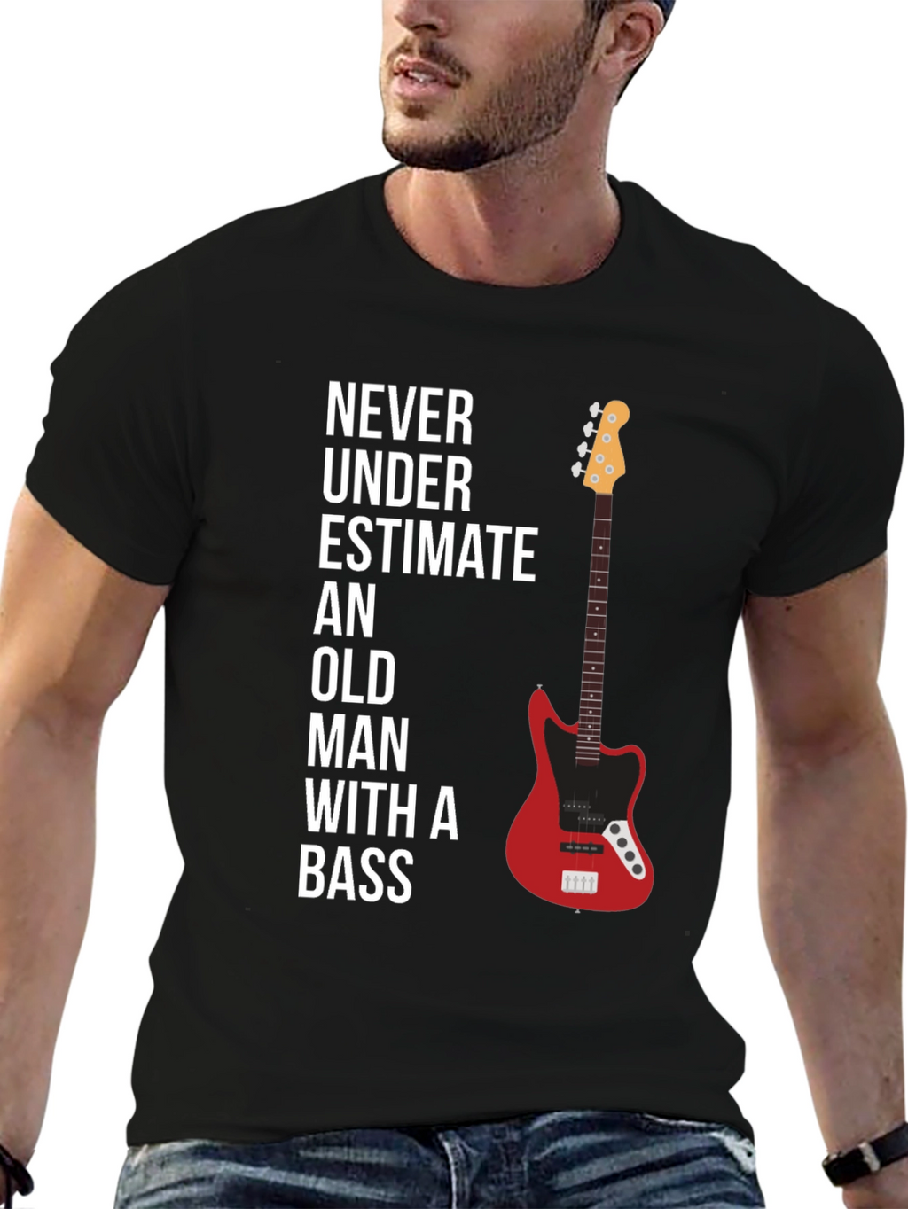 Never Underestimate Old Man With A Bass Graphic Tee