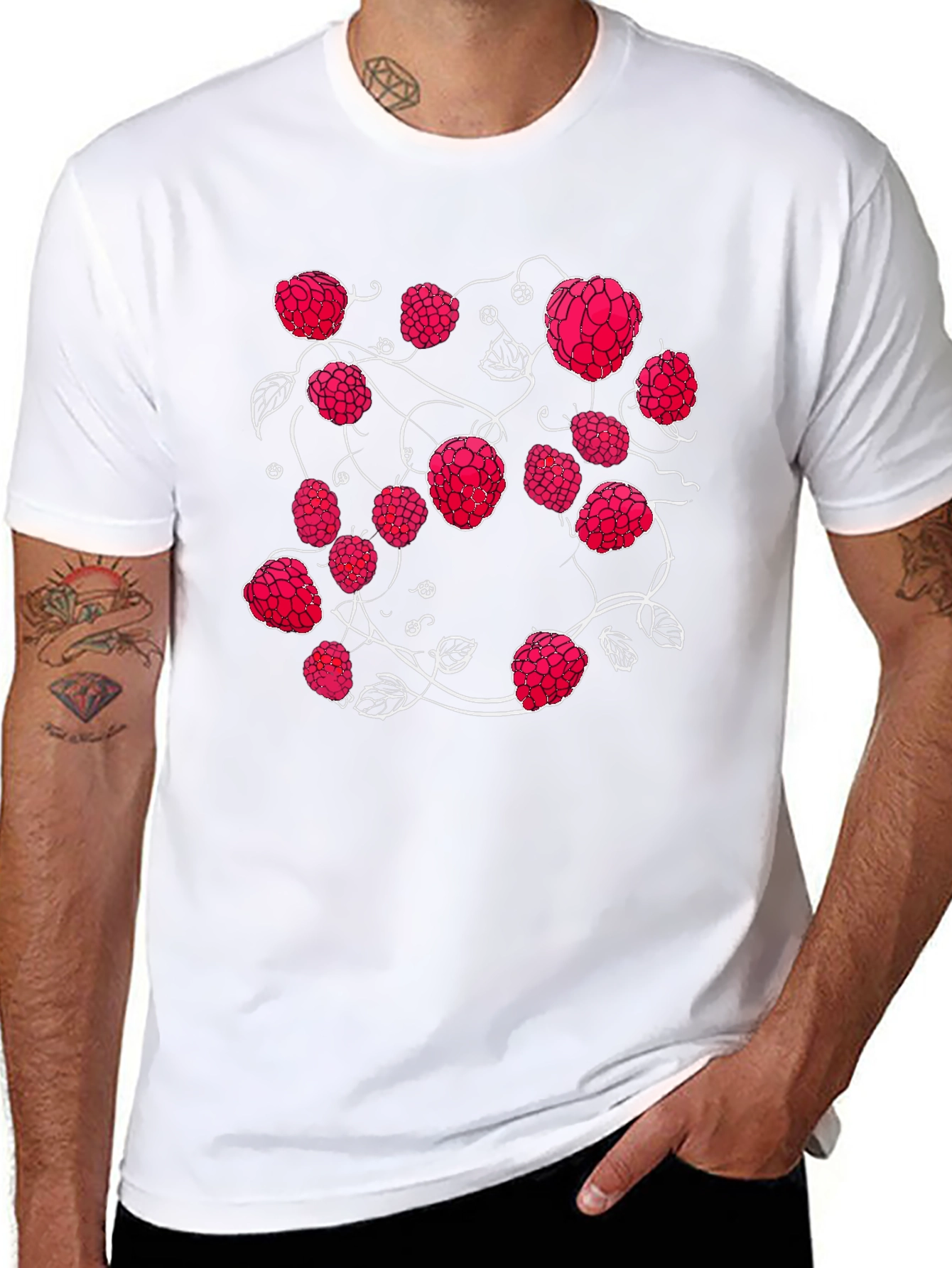 Raspberry Vine Graphic Tee - Trendy Black Cotton T-Shirt