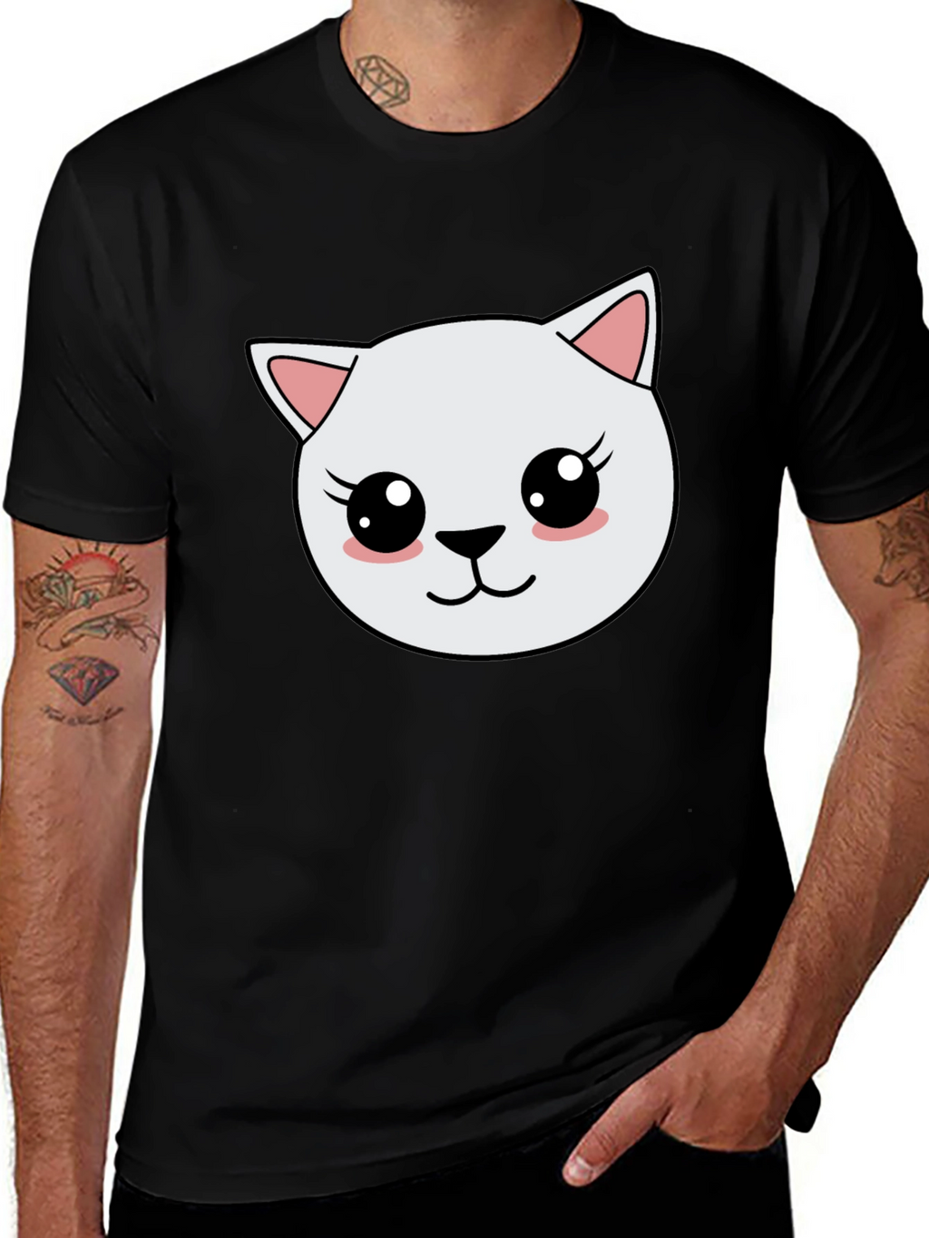 Cute Cartoon Cat Graphic Black T-Shirt