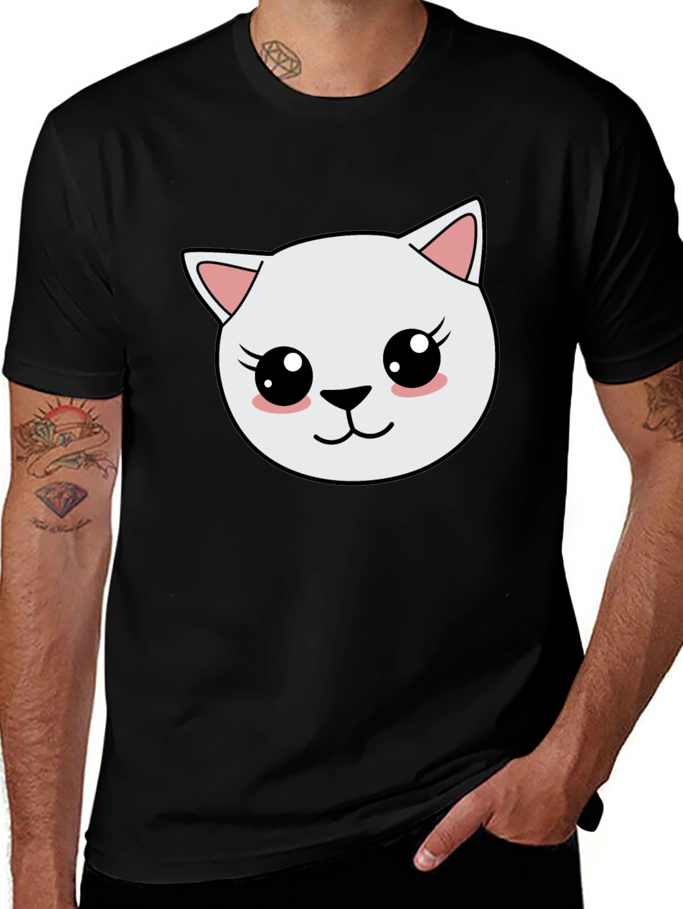 Cute Cartoon Cat Graphic Black T-Shirt