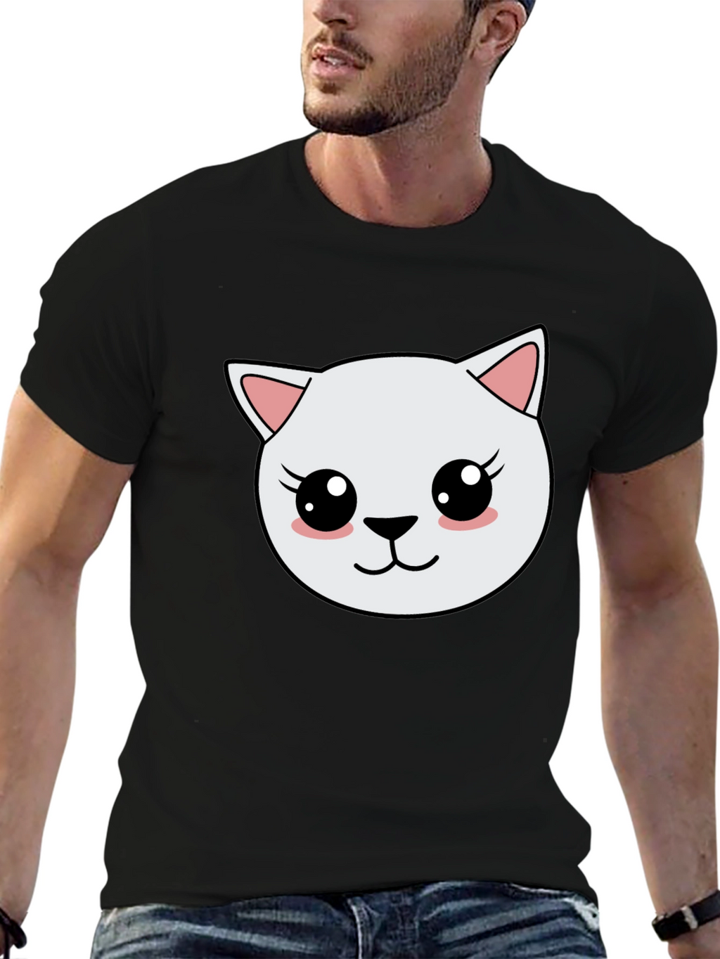 Cute Cartoon Cat Graphic Black T-Shirt