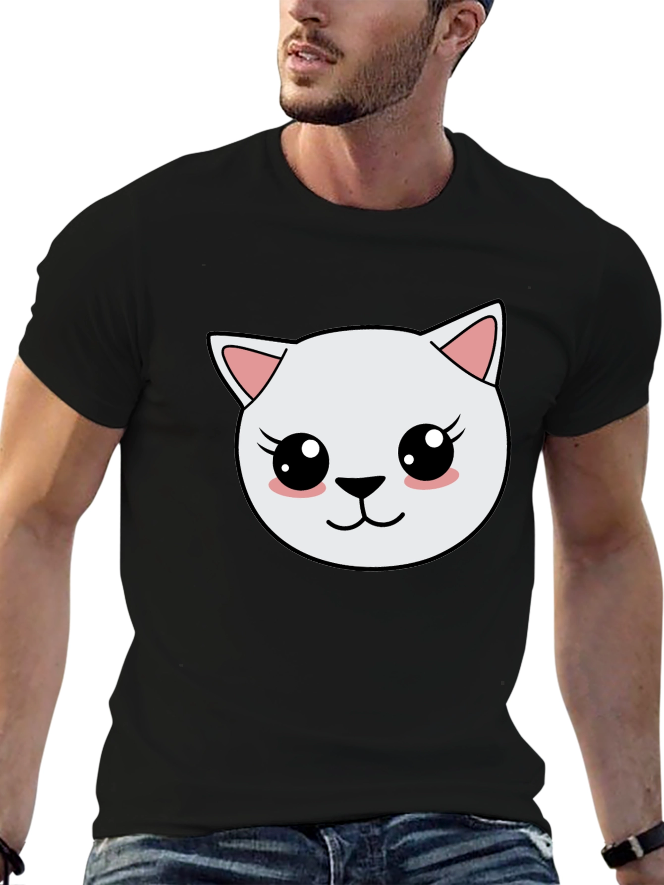 Cute Cartoon Cat Graphic Black T-Shirt