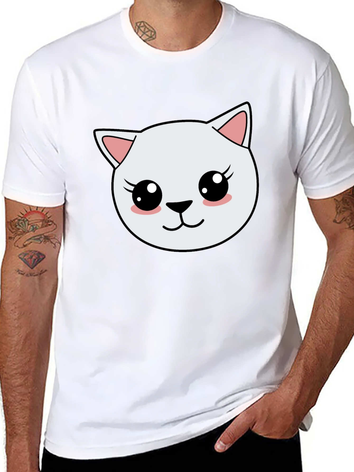 Cute Cartoon Cat Graphic Black T-Shirt