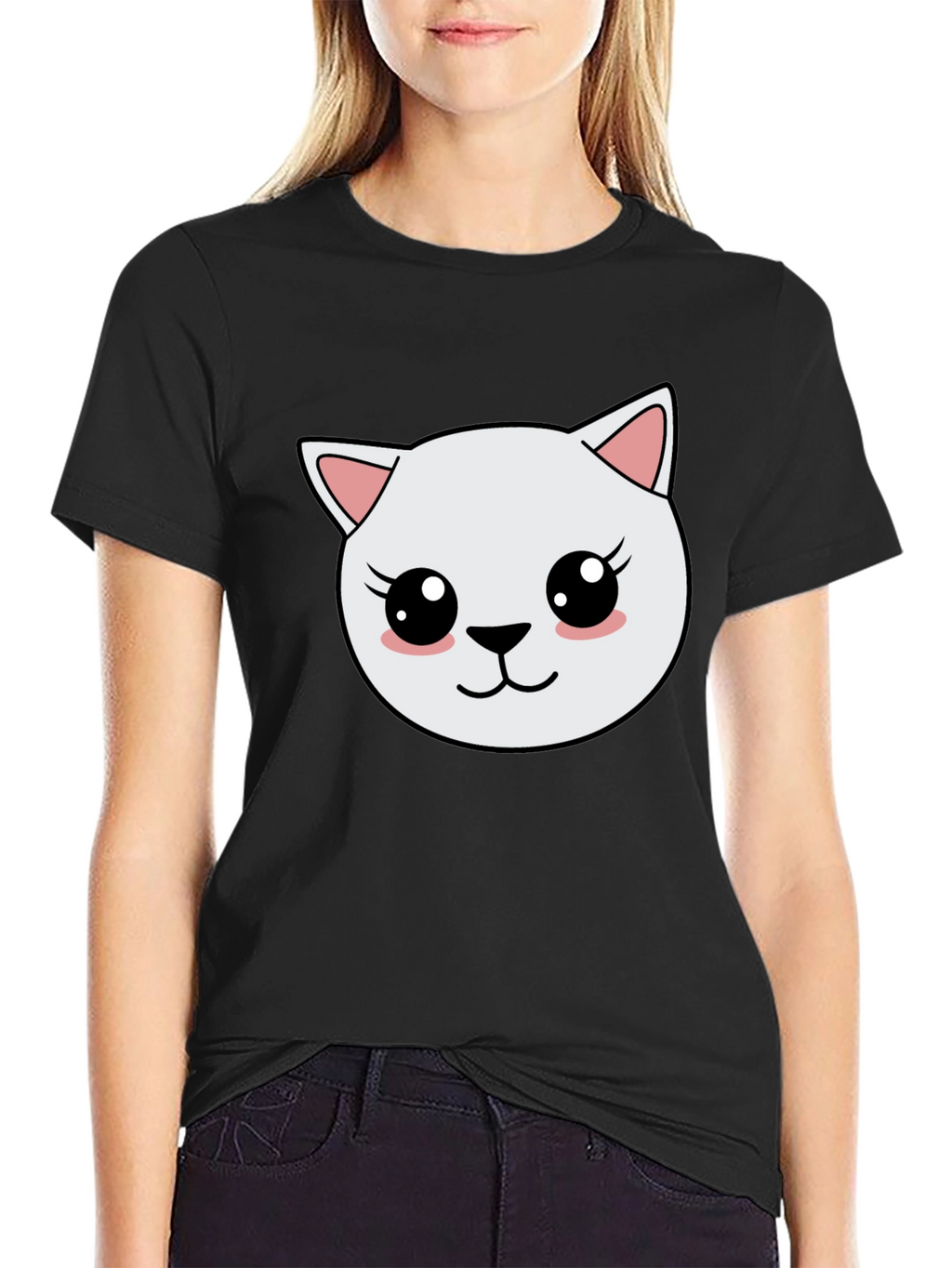 Cute Cartoon Cat Graphic Black T-Shirt