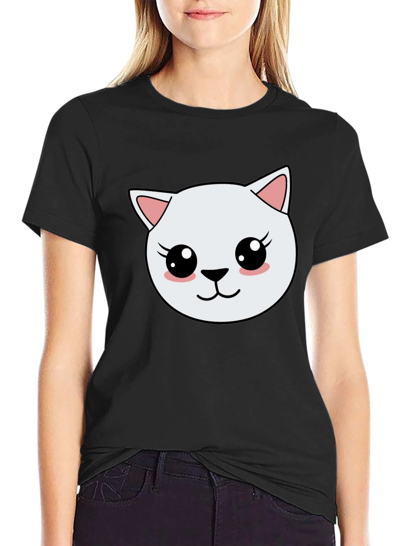 Cute Cartoon Cat Graphic Black T-Shirt