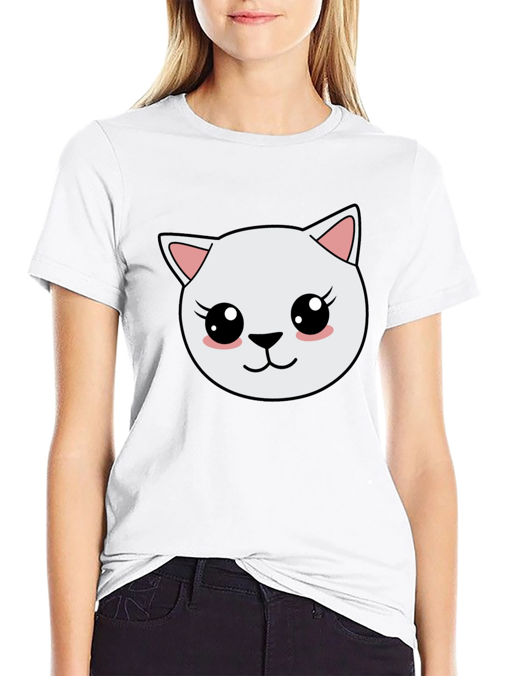 Cute Cartoon Cat Graphic Black T-Shirt