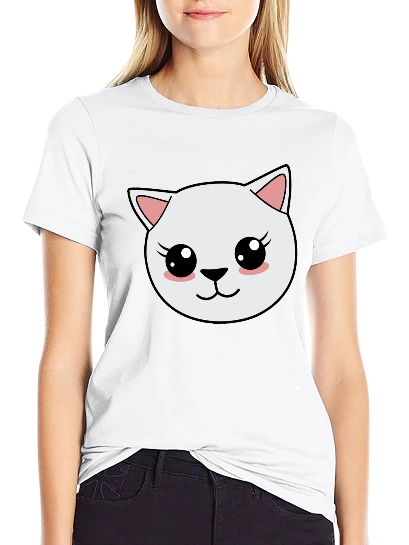 Cute Cartoon Cat Graphic Black T-Shirt