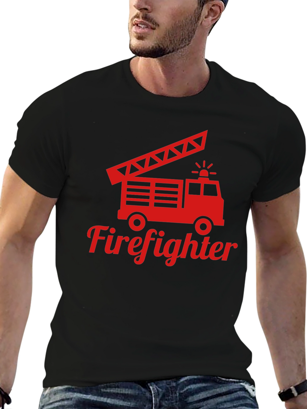 Firefighter Truck Graphic Tee - Red Print on Black