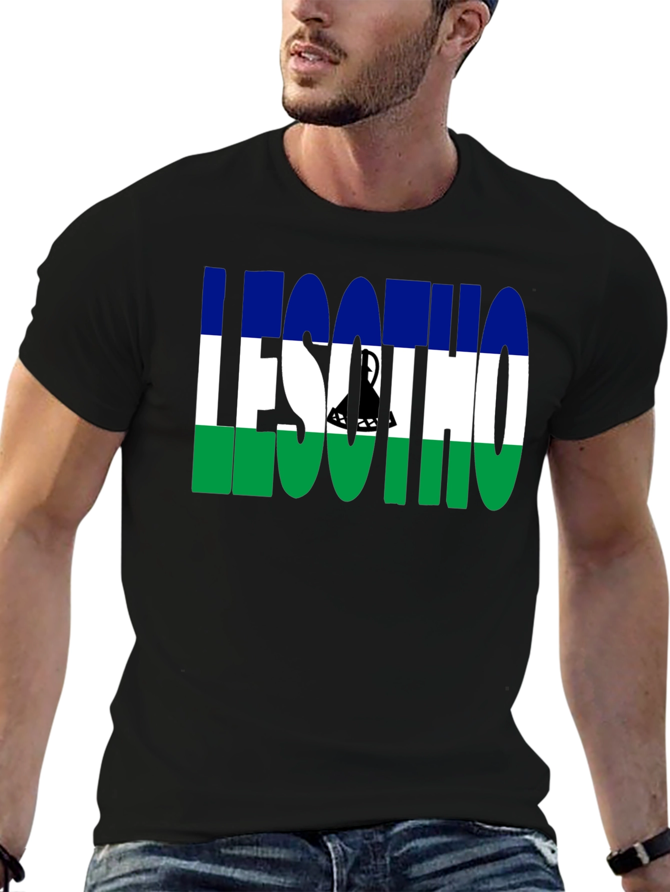 Lesotho Flag Graphic T-Shirt - Black Crew Neck Tee
