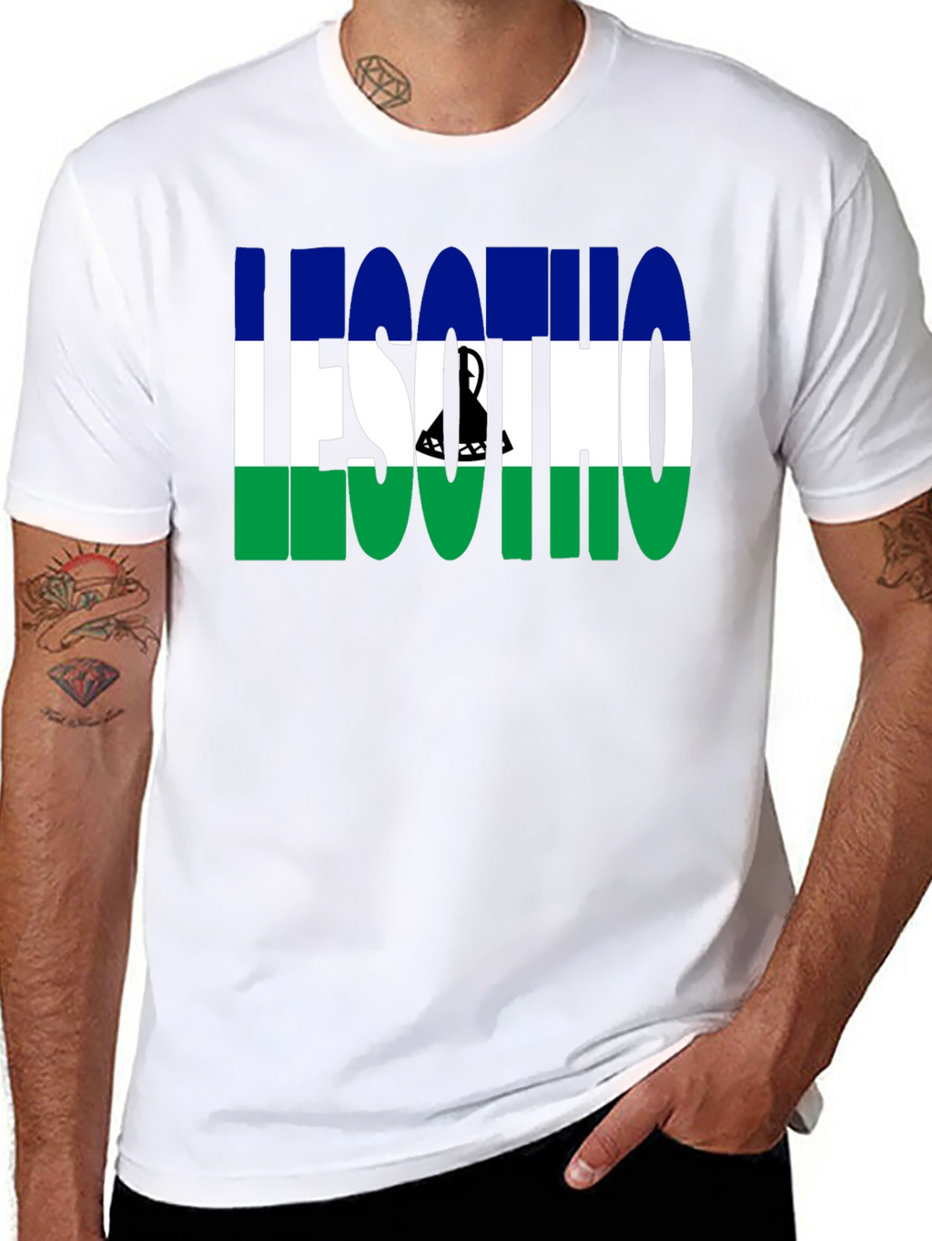 Lesotho Flag Graphic T-Shirt - Black Crew Neck Tee