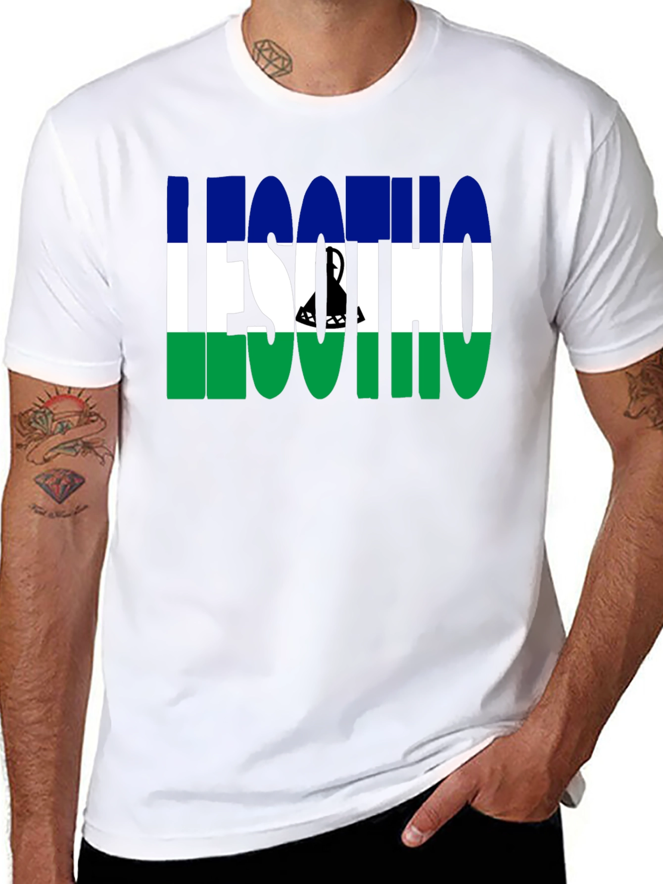 Lesotho Flag Graphic T-Shirt - Black Crew Neck Tee