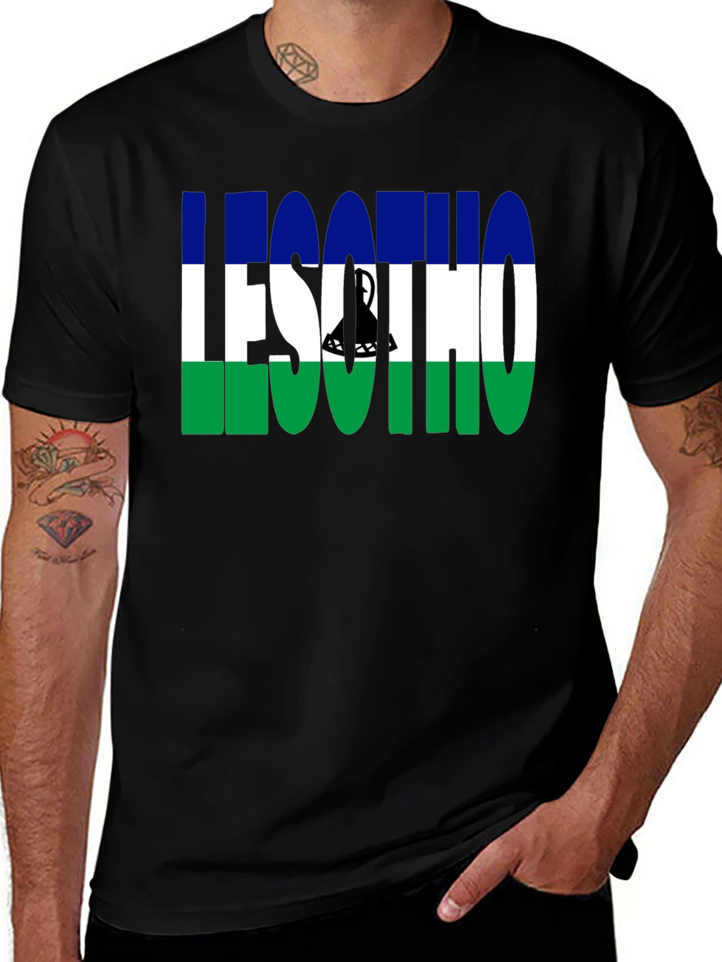 Lesotho Flag Graphic T-Shirt - Black Crew Neck Tee