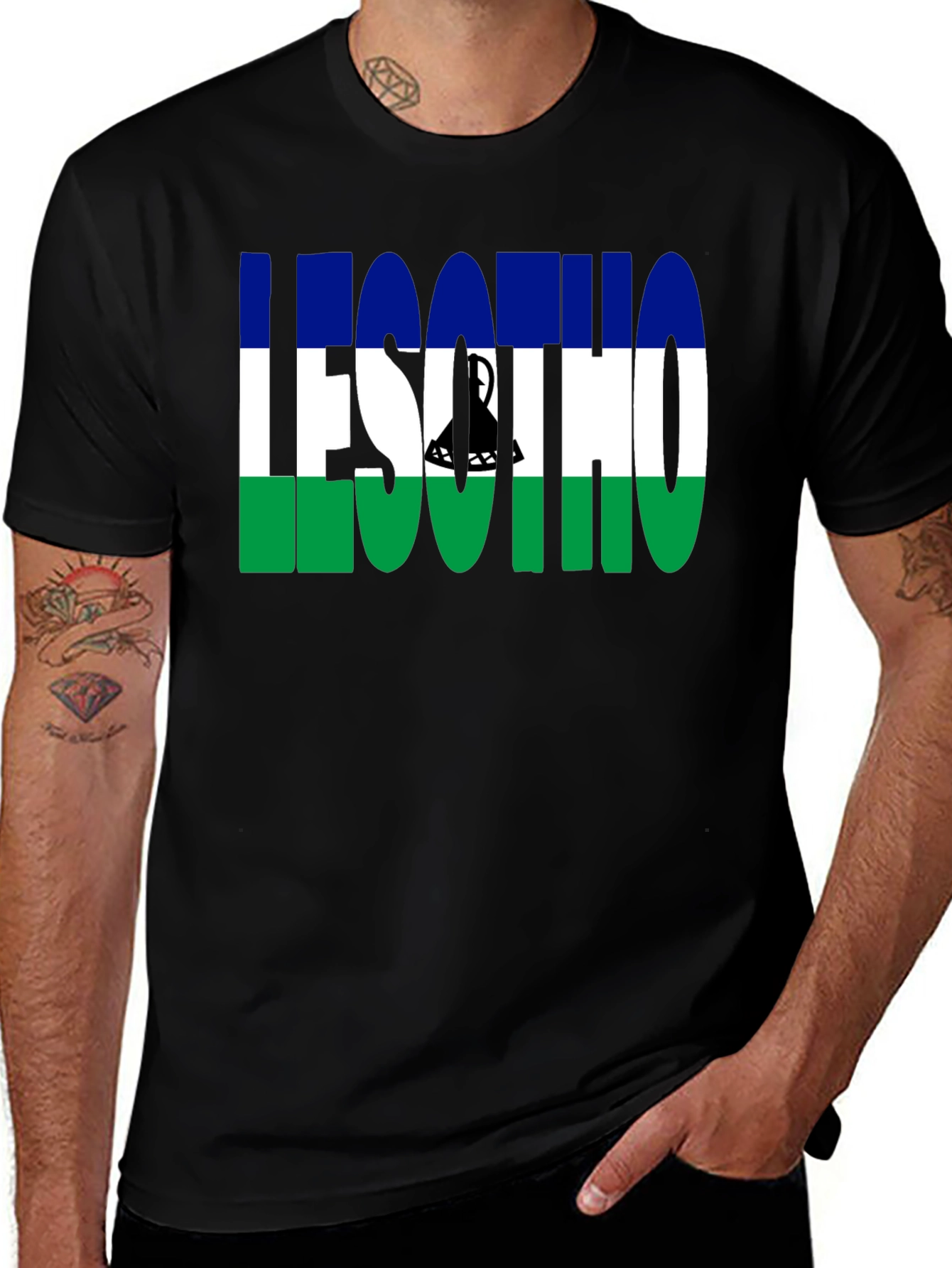 Lesotho Flag Graphic T-Shirt - Black Crew Neck Tee