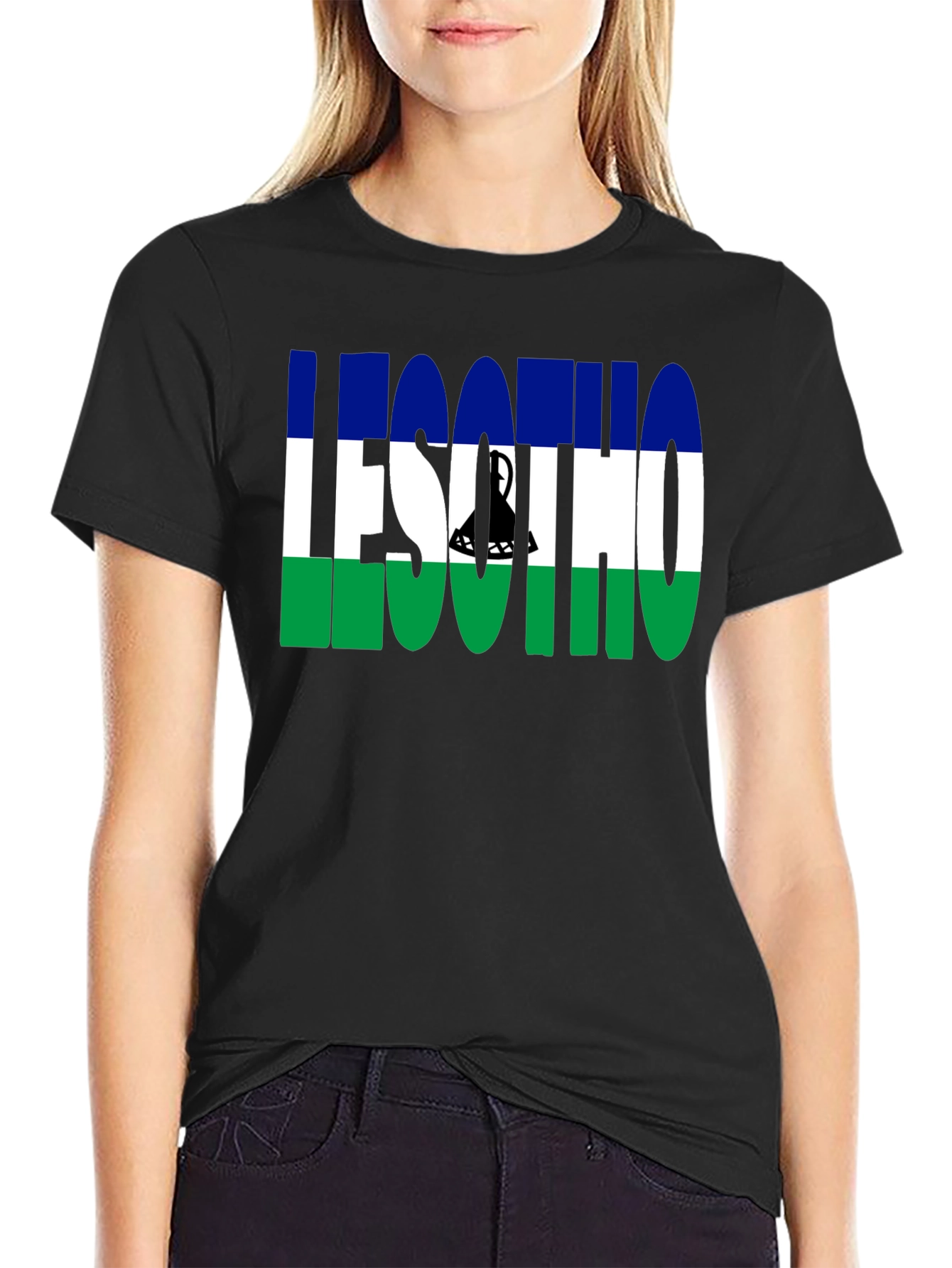 Lesotho Flag Graphic T-Shirt - Black Crew Neck Tee