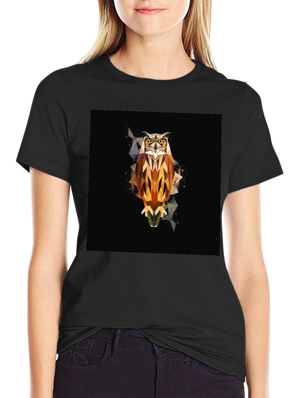 Geometric Owl Graphic Tee - Black