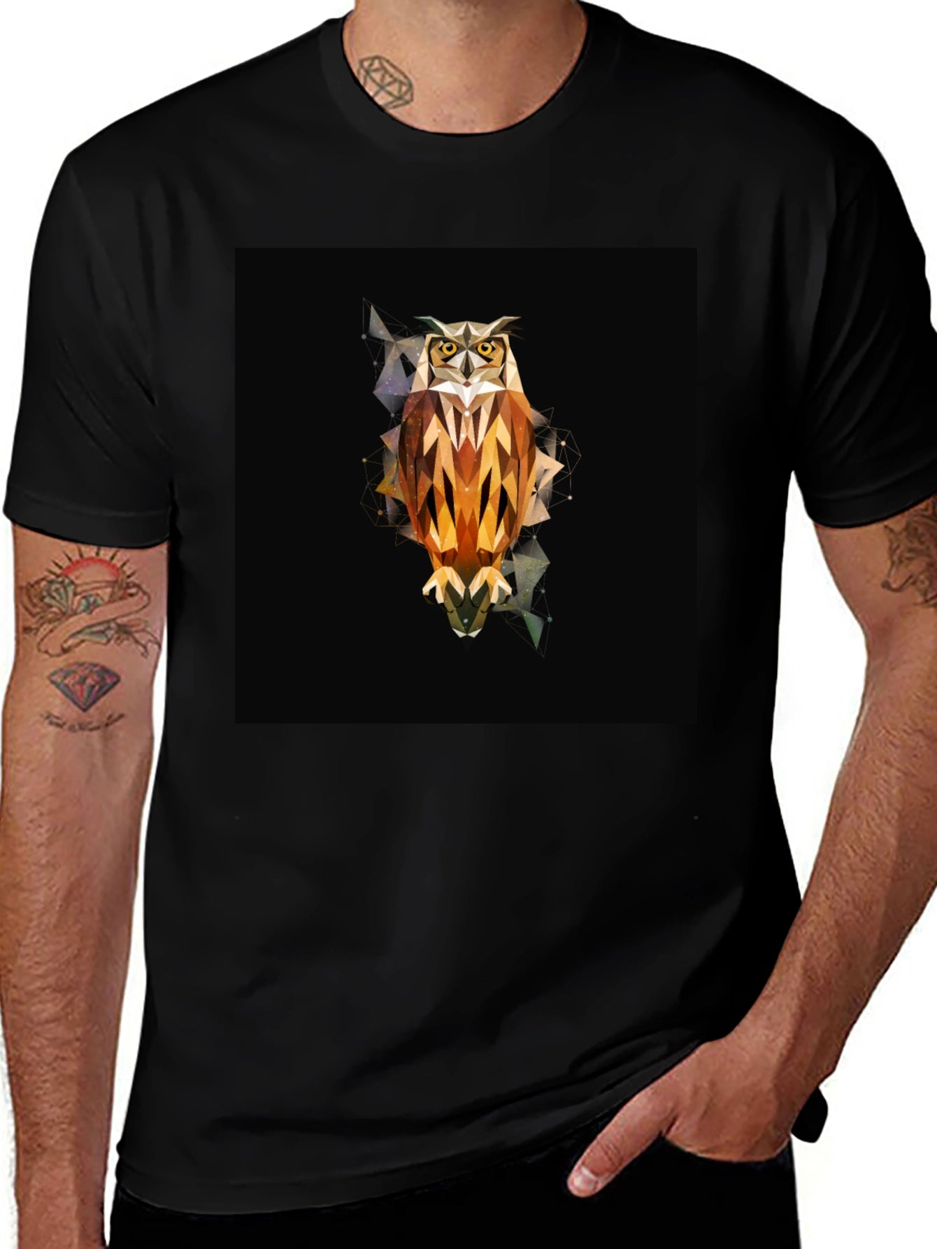 Geometric Owl Graphic Tee - Black