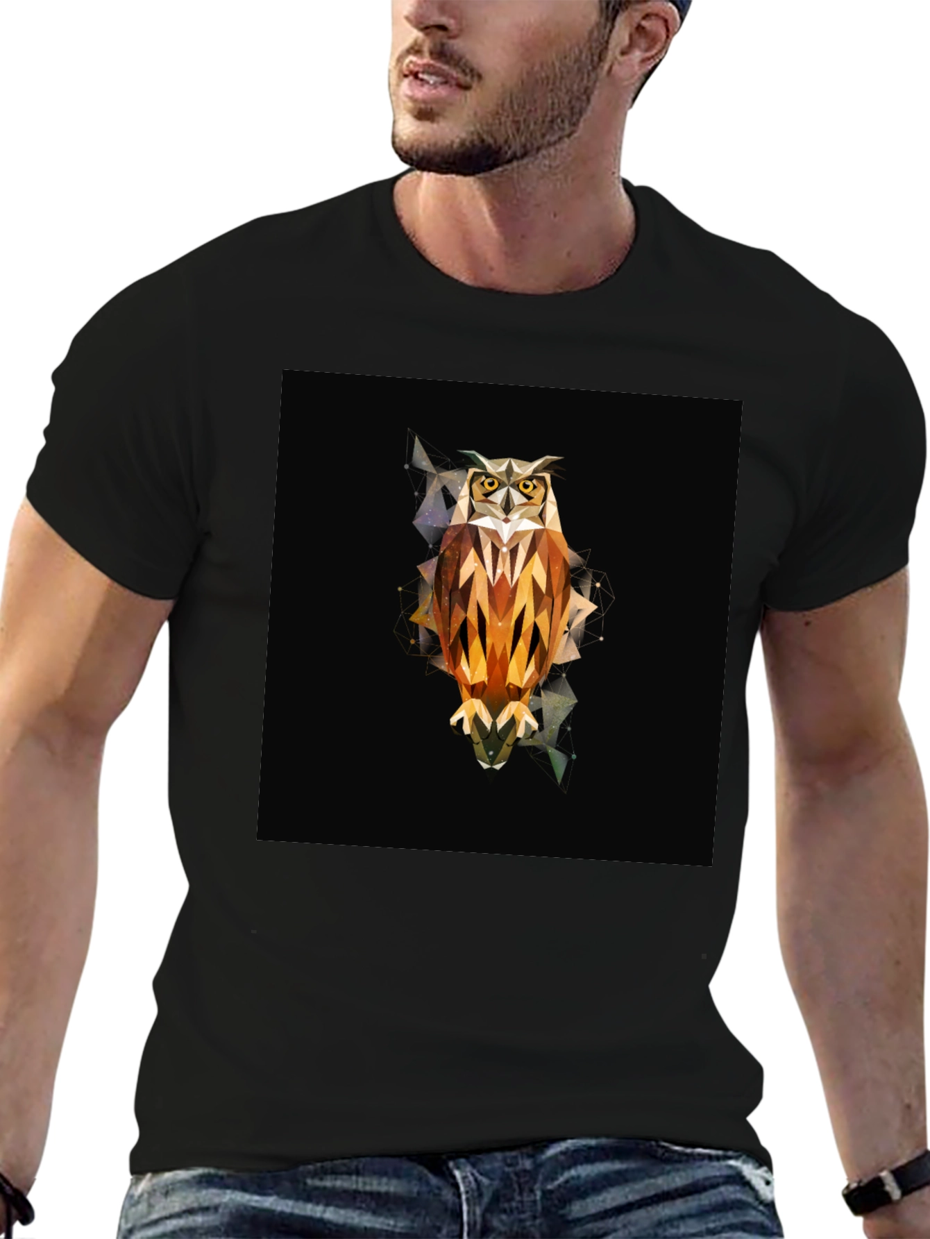 Geometric Owl Graphic Tee - Black