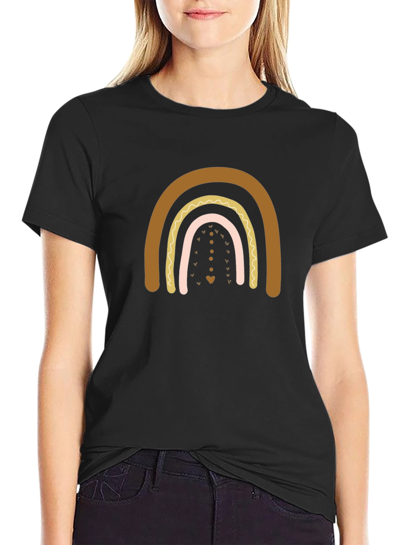 Boho Rainbow Graphic Print Black T-Shirt