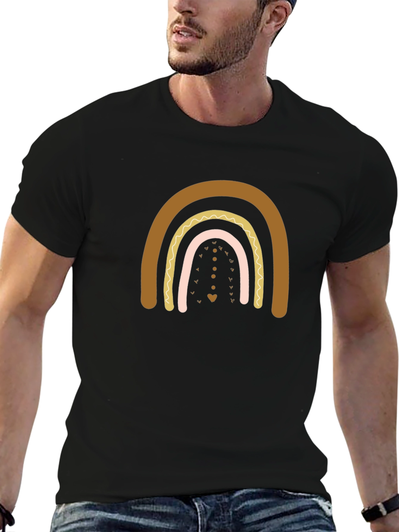Boho Rainbow Graphic Print Black T-Shirt