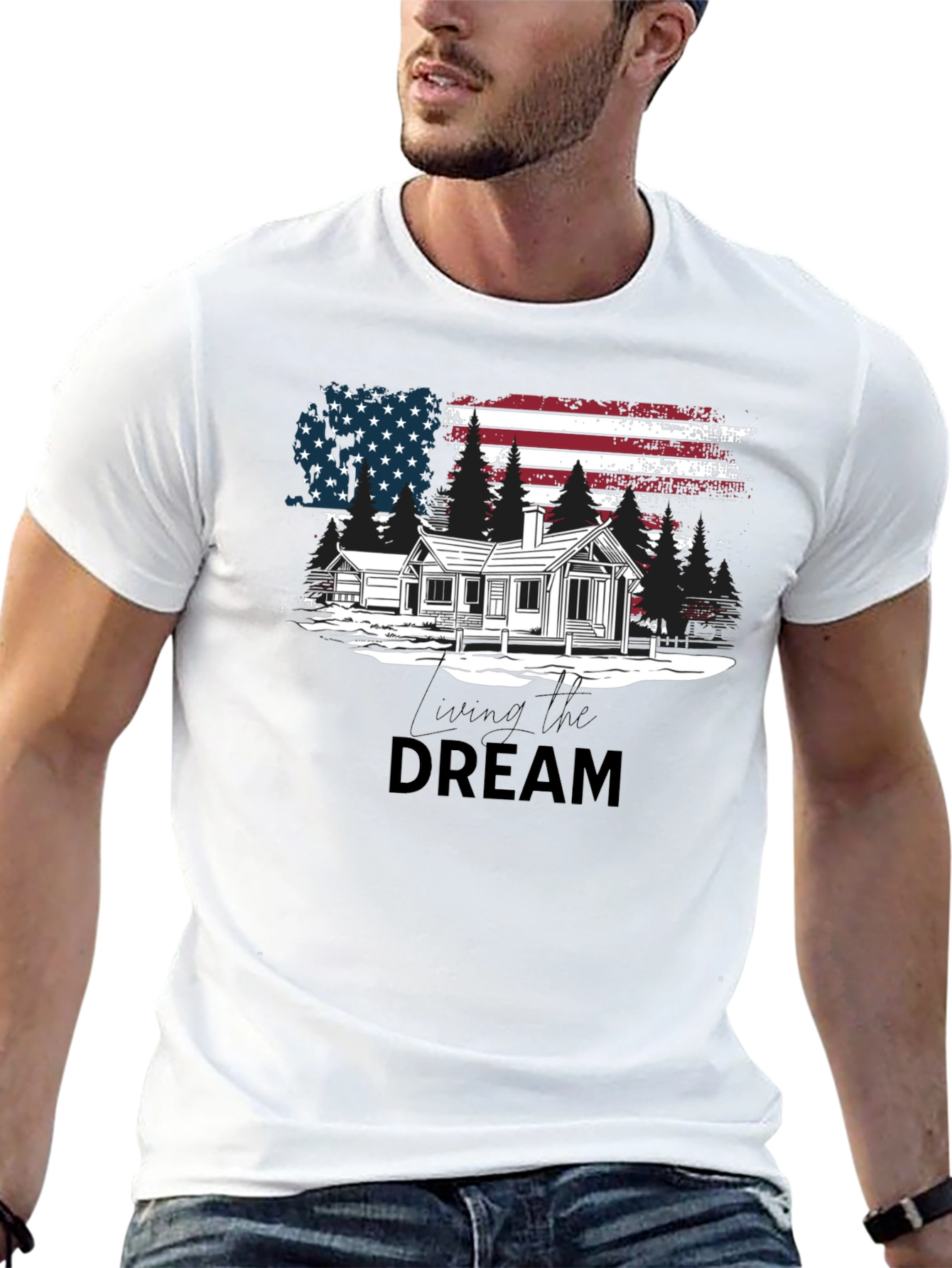 Living the Dream American Flag Cabin T-Shirt