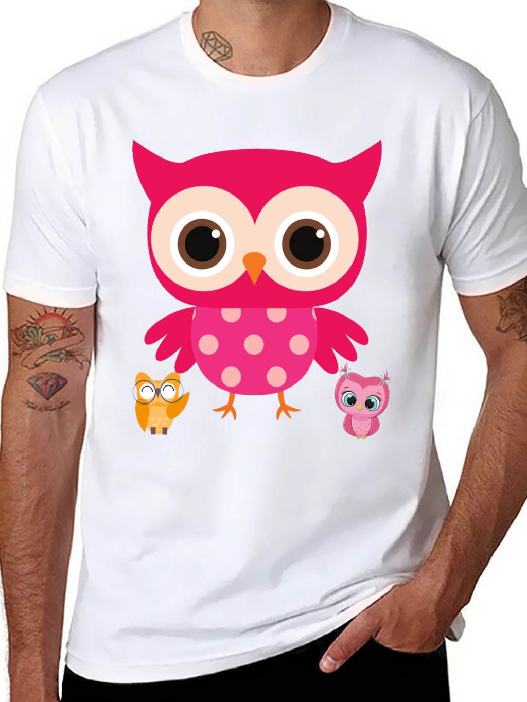 Cute Owl Family T-Shirt - Black Crew Neck Tee