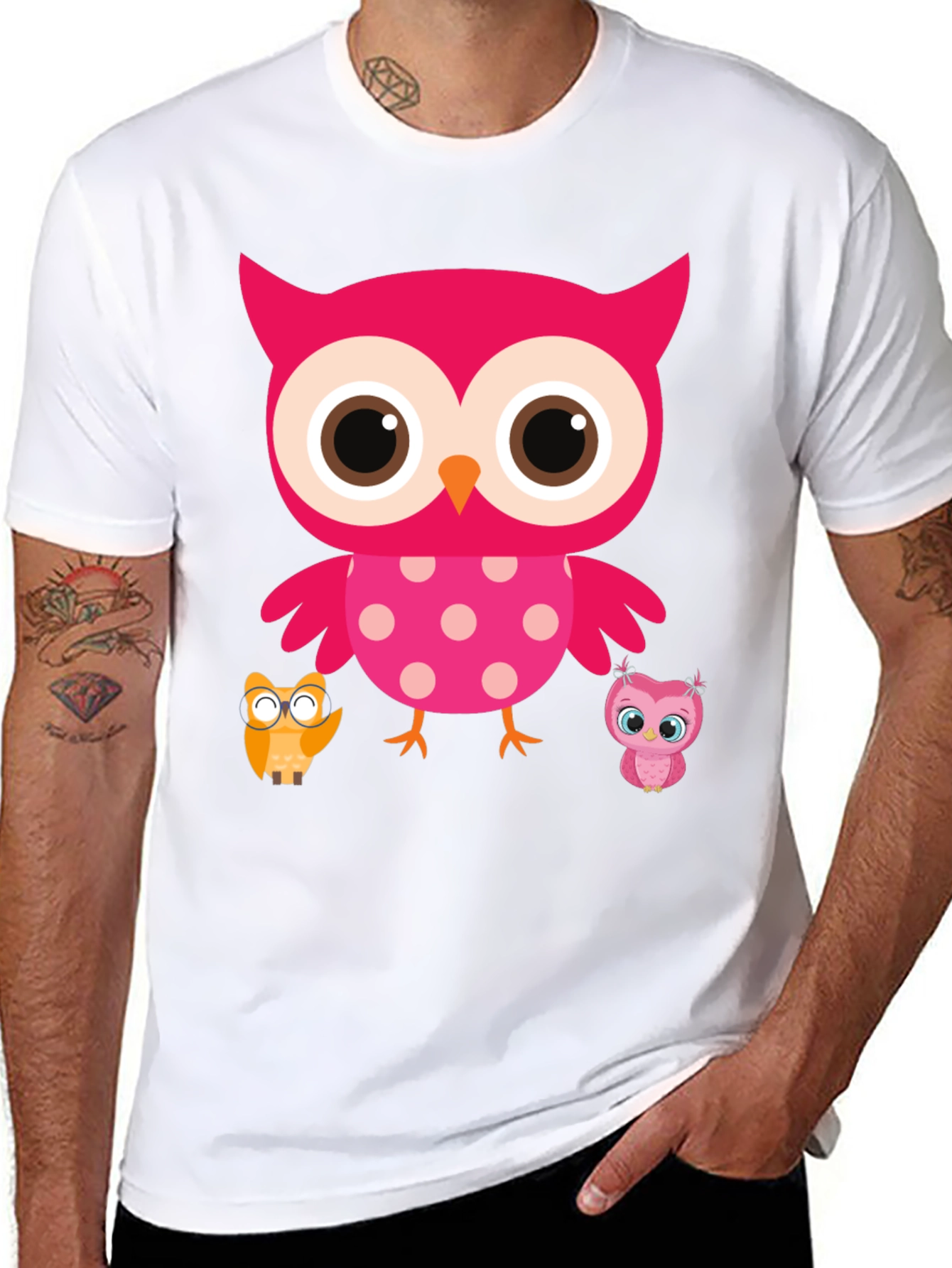 Cute Owl Family T-Shirt - Black Crew Neck Tee