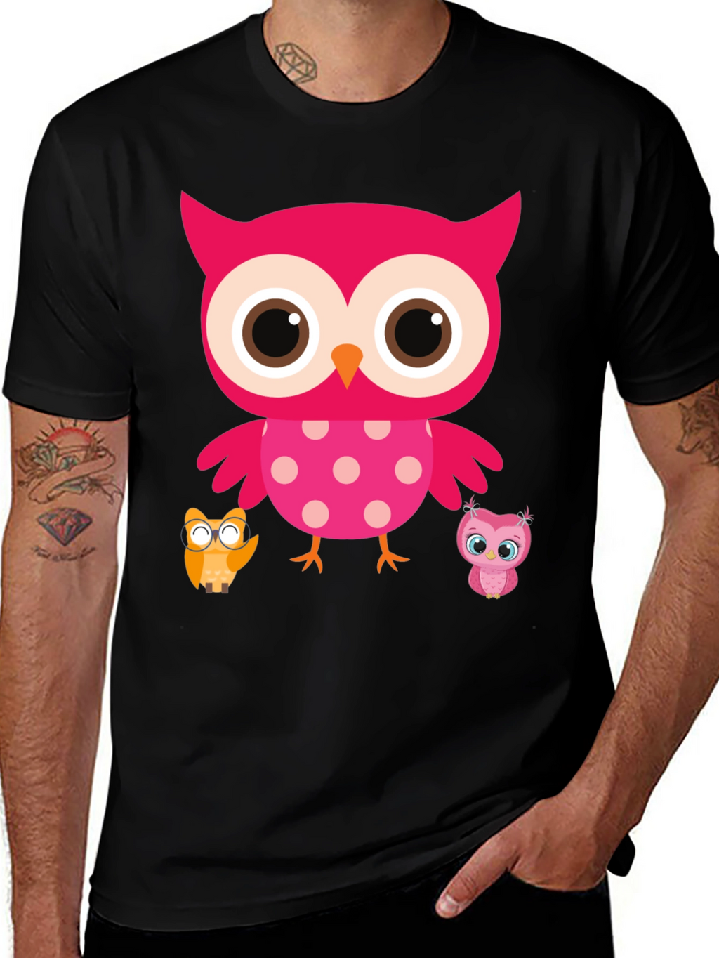 Cute Owl Family T-Shirt - Black Crew Neck Tee