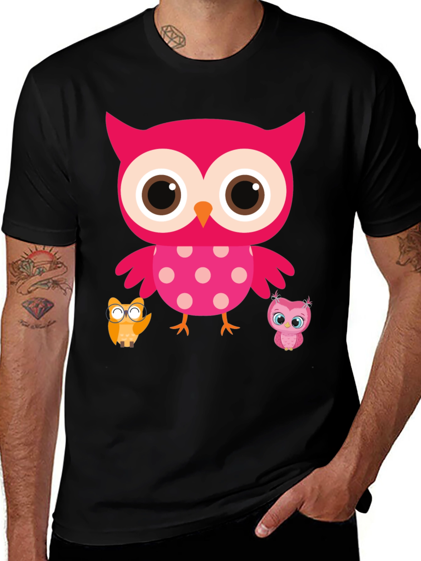 Cute Owl Family T-Shirt - Black Crew Neck Tee