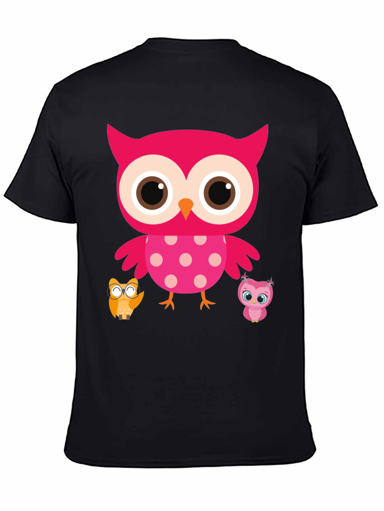 Cute Owl Family T-Shirt - Black Crew Neck Tee