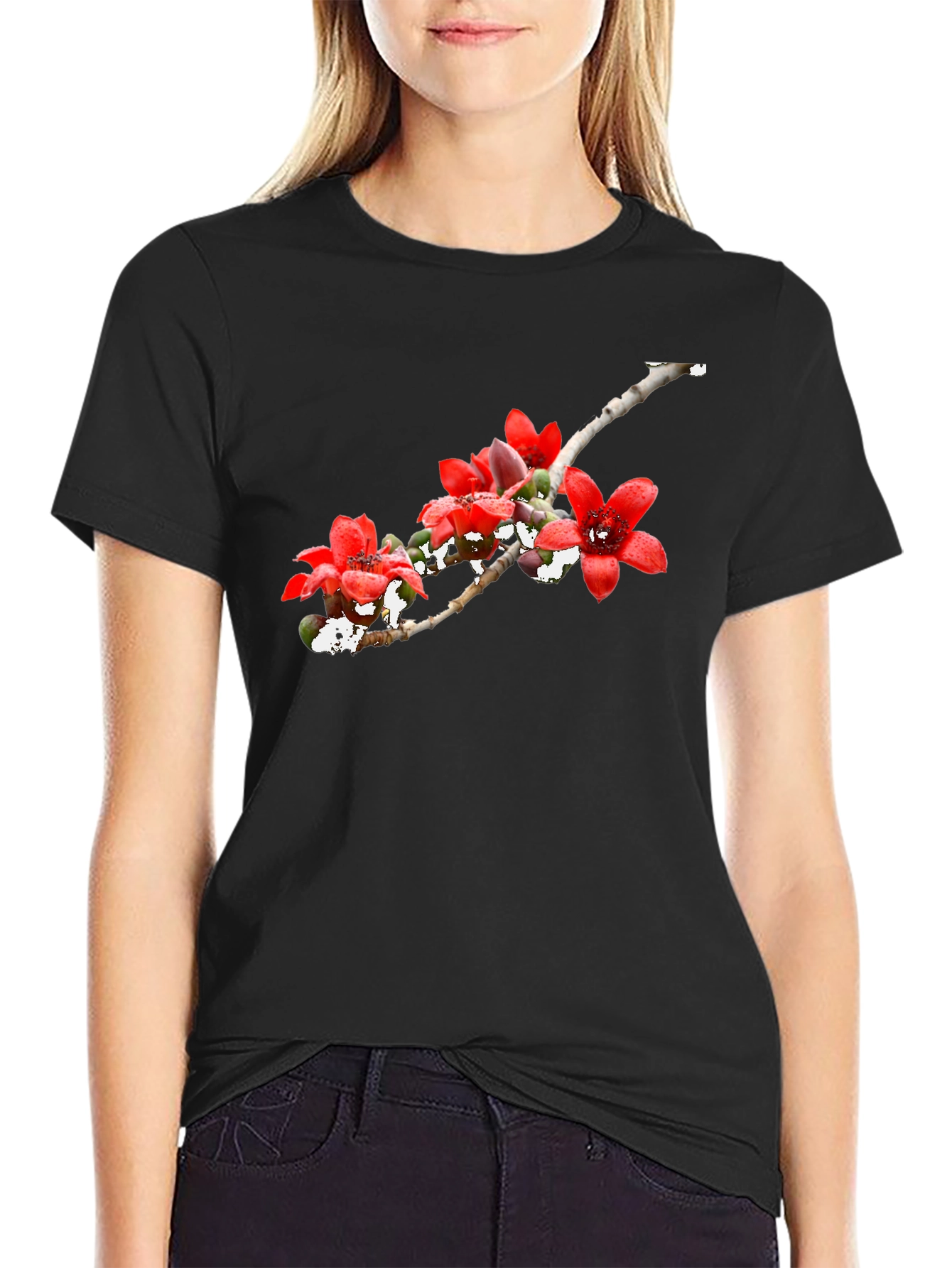 Floral Print Black Crew Neck T-Shirt